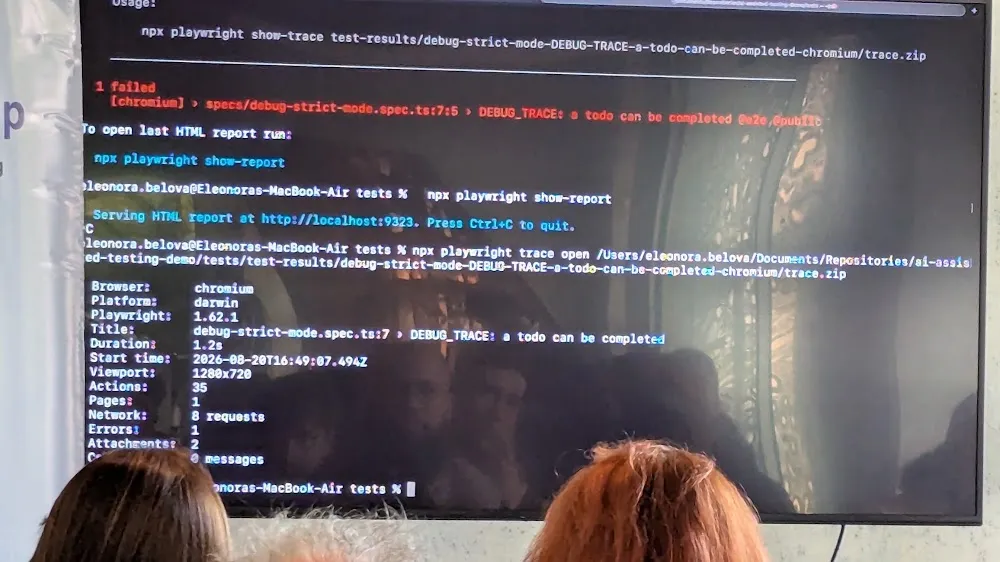 BrowserStack Meetup Amsterdam 2026 — The two talks: Eleonora Belova on Claude + Playwright, and Robert Jadoenandansing on Generative AI in QA (photo 2)