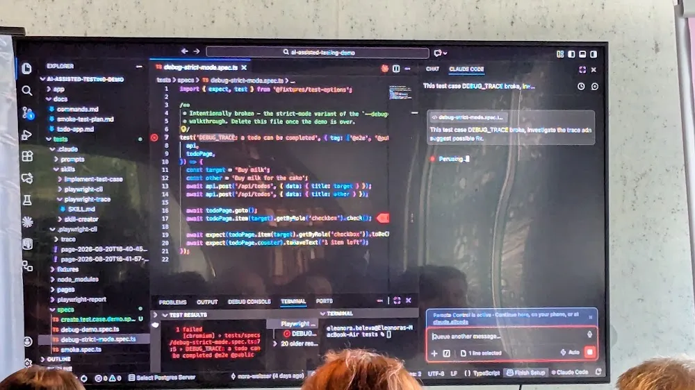 BrowserStack Meetup Amsterdam 2026 — The two talks: Eleonora Belova on Claude + Playwright, and Robert Jadoenandansing on Generative AI in QA (photo 4)