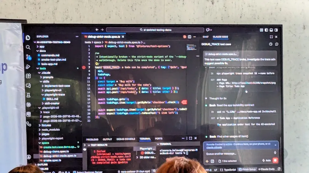BrowserStack Meetup Amsterdam 2026 — The two talks: Eleonora Belova on Claude + Playwright, and Robert Jadoenandansing on Generative AI in QA (photo 5)