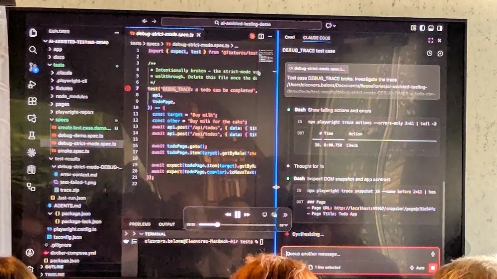 BrowserStack Meetup Amsterdam 2026 — The two talks: Eleonora Belova on Claude + Playwright, and Robert Jadoenandansing on Generative AI in QA (photo 6)