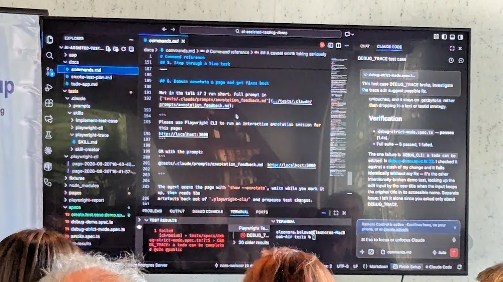BrowserStack Meetup Amsterdam 2026 — The two talks: Eleonora Belova on Claude + Playwright, and Robert Jadoenandansing on Generative AI in QA (photo 7)