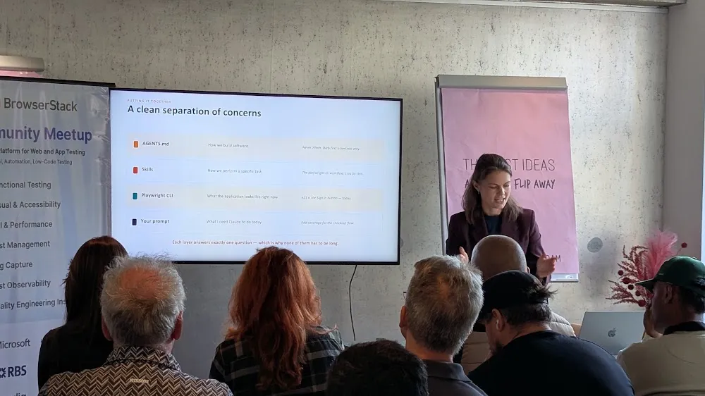 BrowserStack Meetup Amsterdam 2026 — The two talks: Eleonora Belova on Claude + Playwright, and Robert Jadoenandansing on Generative AI in QA (photo 8)