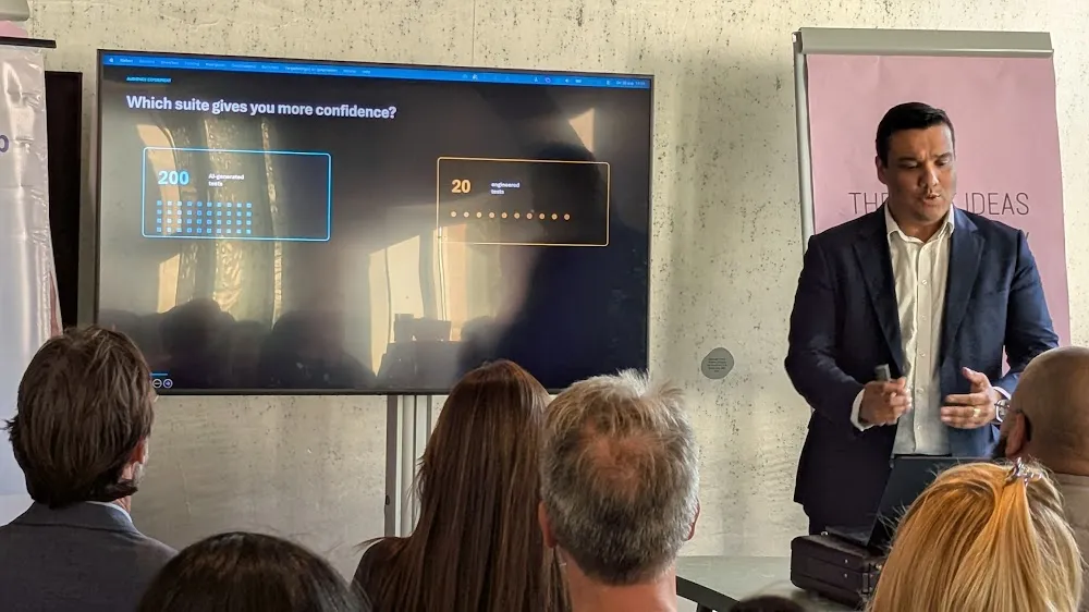 BrowserStack Meetup Amsterdam 2026 — The two talks: Eleonora Belova on Claude + Playwright, and Robert Jadoenandansing on Generative AI in QA (photo 15)