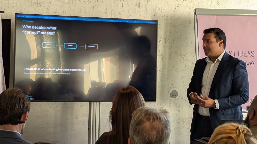 BrowserStack Meetup Amsterdam 2026 — The two talks: Eleonora Belova on Claude + Playwright, and Robert Jadoenandansing on Generative AI in QA (photo 16)