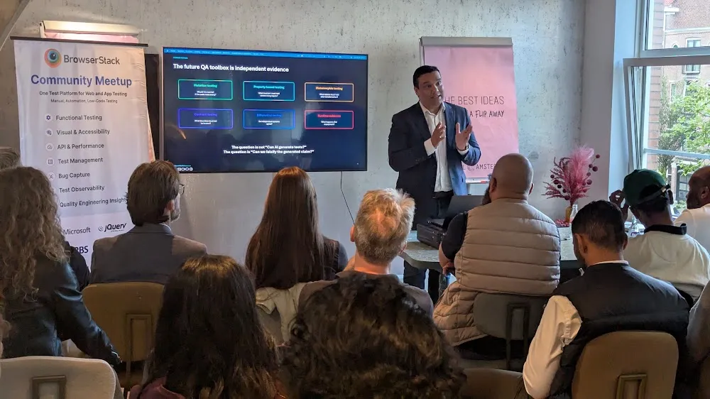 BrowserStack Meetup Amsterdam 2026 — Dinner and hallway-track conversations on where AI-driven quality engineering is heading (photo 7)