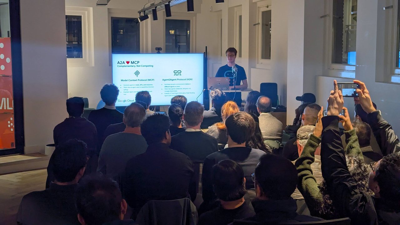 The A2A loves MCP, Complementary Not Competing slide comparing Model Context Protocol and Agent2Agent Protocol at the AICamp meetup