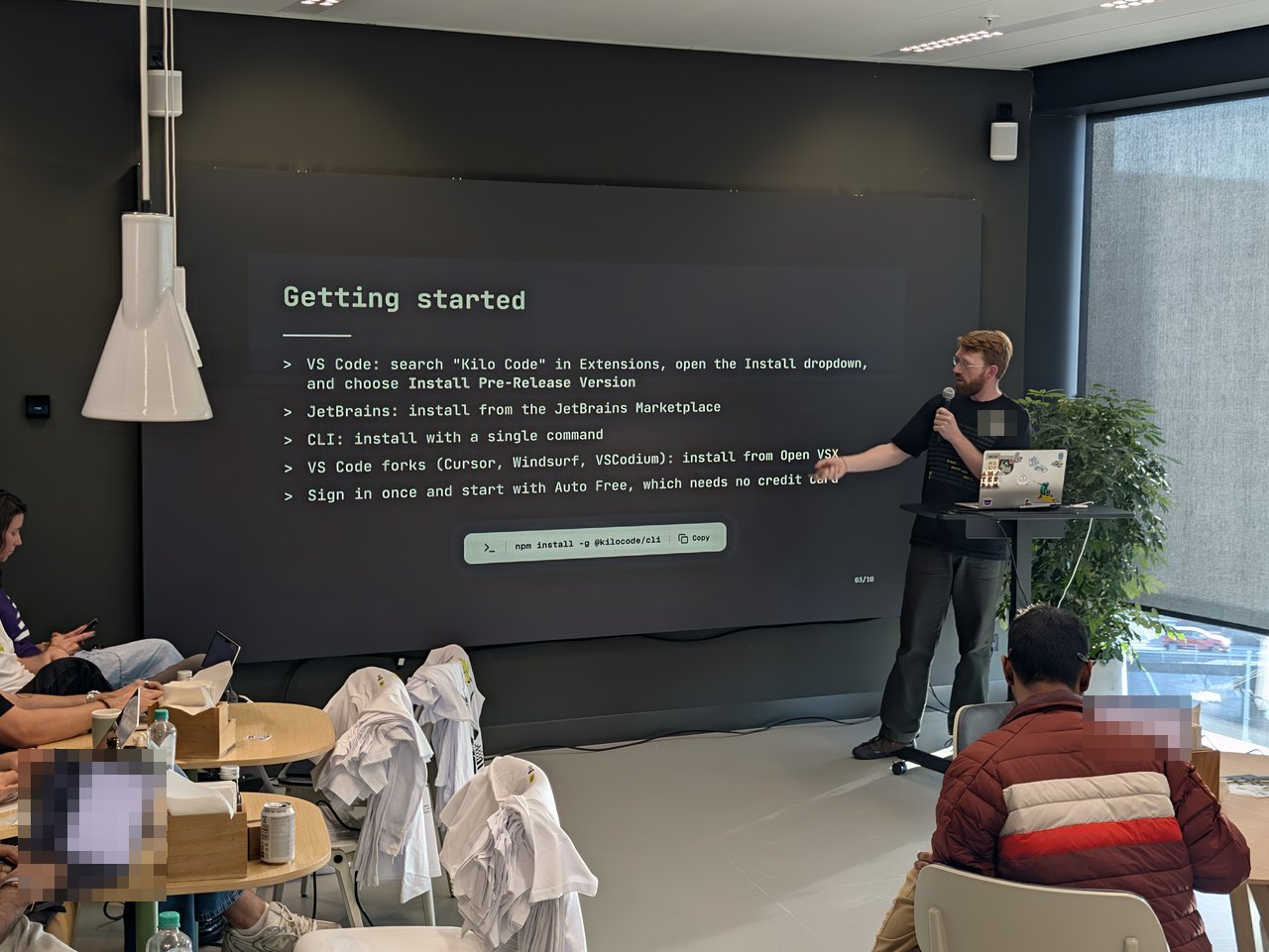 Kilo Code speaker presenting the Getting started slide with install steps for VS Code, JetBrains, the CLI and VS Code forks