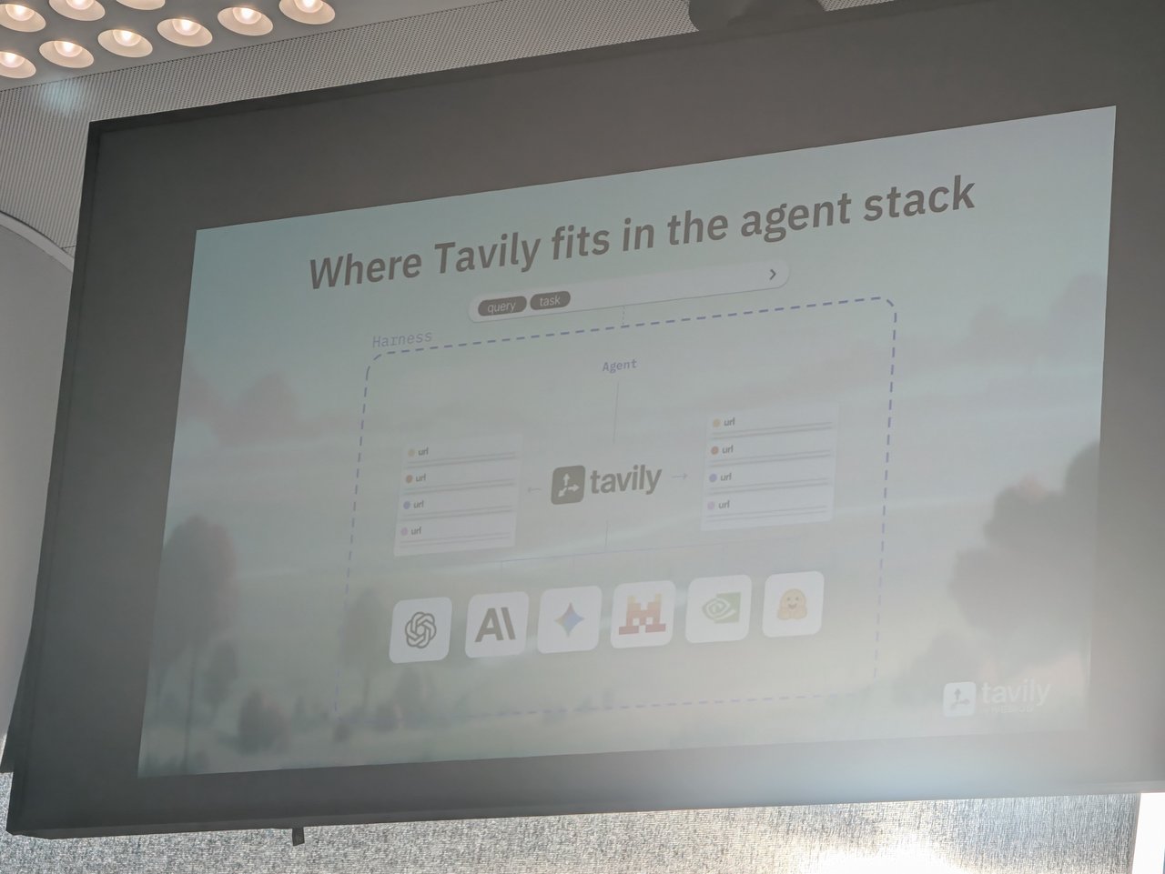 Where Tavily fits in the agent stack slide showing Tavily inside the agent harness between URLs and model provider logos