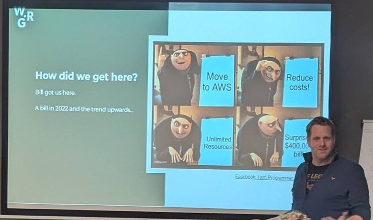 Wehkamp slide 'How did we get here?' with a meme about moving to AWS and a surprise bill