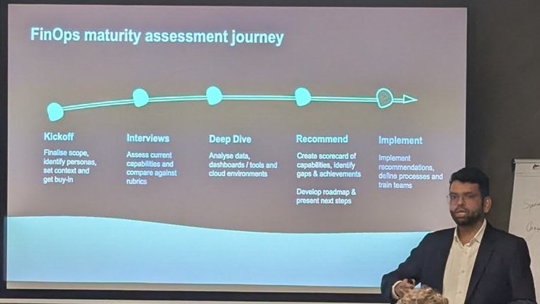Slide titled FinOps maturity assessment journey with five steps from Kickoff to Implement