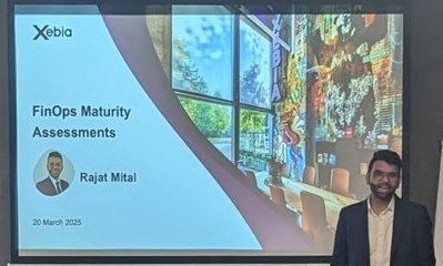 Title slide 'FinOps Maturity Assessments' with the speaker Rajat Mital, at the Xebia meetup