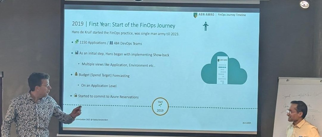 ABN AMRO timeline slide for 2019, the first year of the FinOps journey, listing show-back, budget forecasting and Azure Reservations