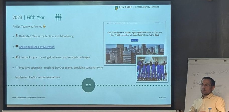 ABN AMRO timeline slide for 2023 saying the FinOps team was formed, with a Microsoft article thumbnail