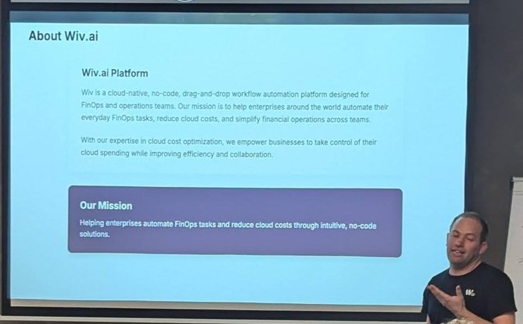 Slide 'About Wiv.ai' describing a no-code workflow automation platform for FinOps teams