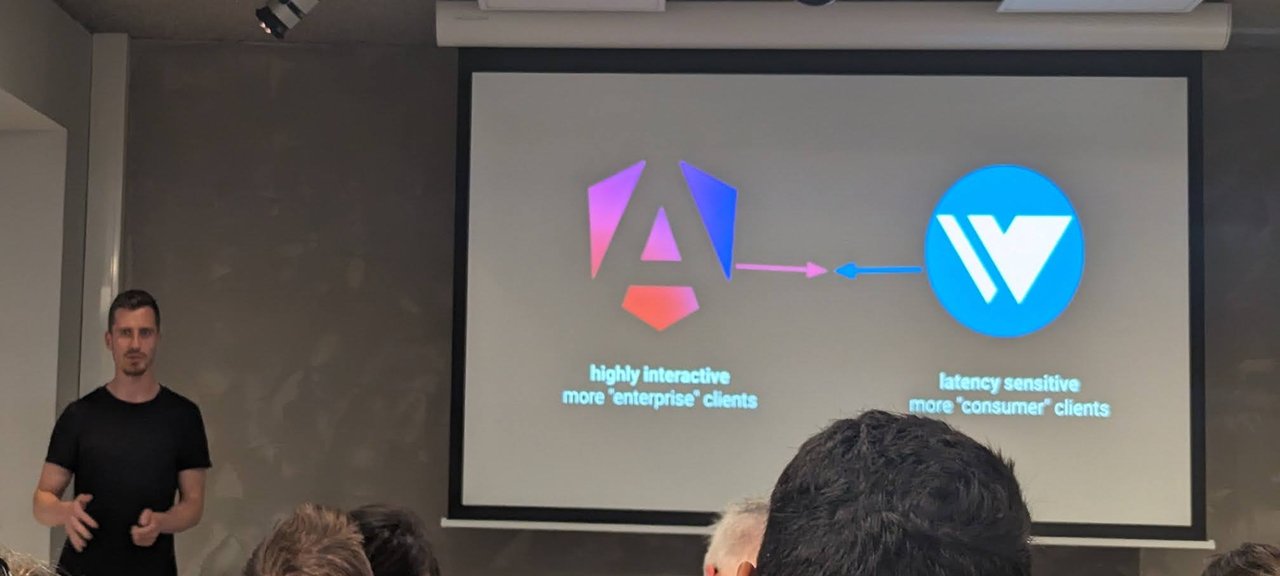 A slide with the Angular logo on the left labelled highly interactive, enterprise clients, and the Wiz logo on the right labelled latency sensitive, consumer clients