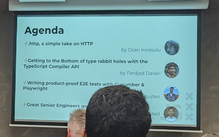 The lightning talks agenda slide listing four talks and their speakers
