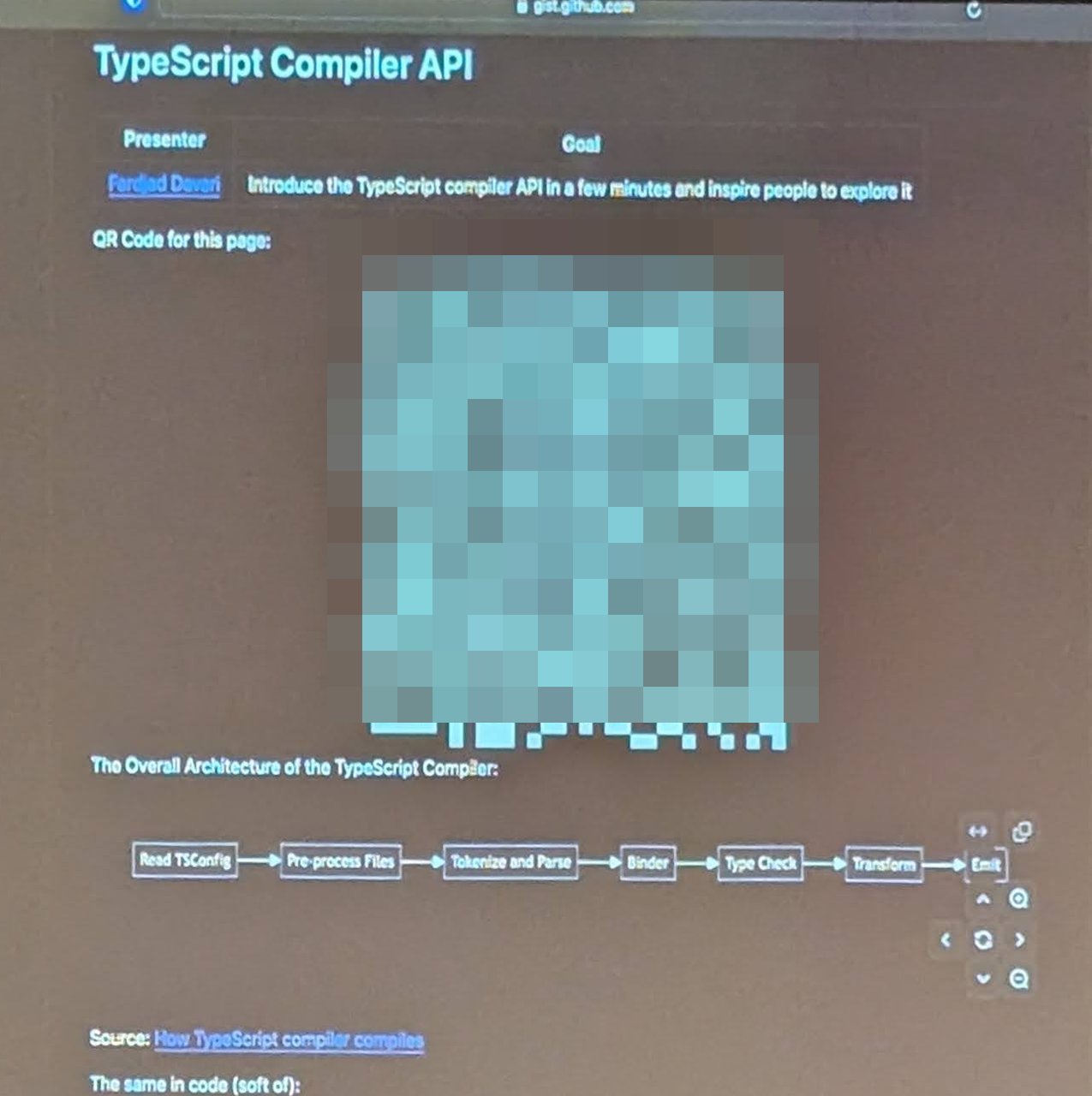 A projected page titled TypeScript Compiler API with a diagram of the compiler pipeline from Read TSConfig through Pre-process Files, Tokenize and Parse, Binder, Type Check and Transform to Emit