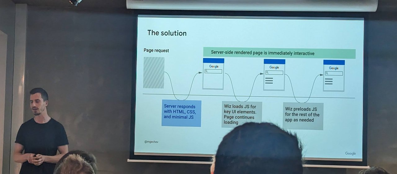 A slide titled The solution showing a page request, with the server responding with HTML, CSS and minimal JS, Wiz loading JS for key UI elements and then preloading the rest
