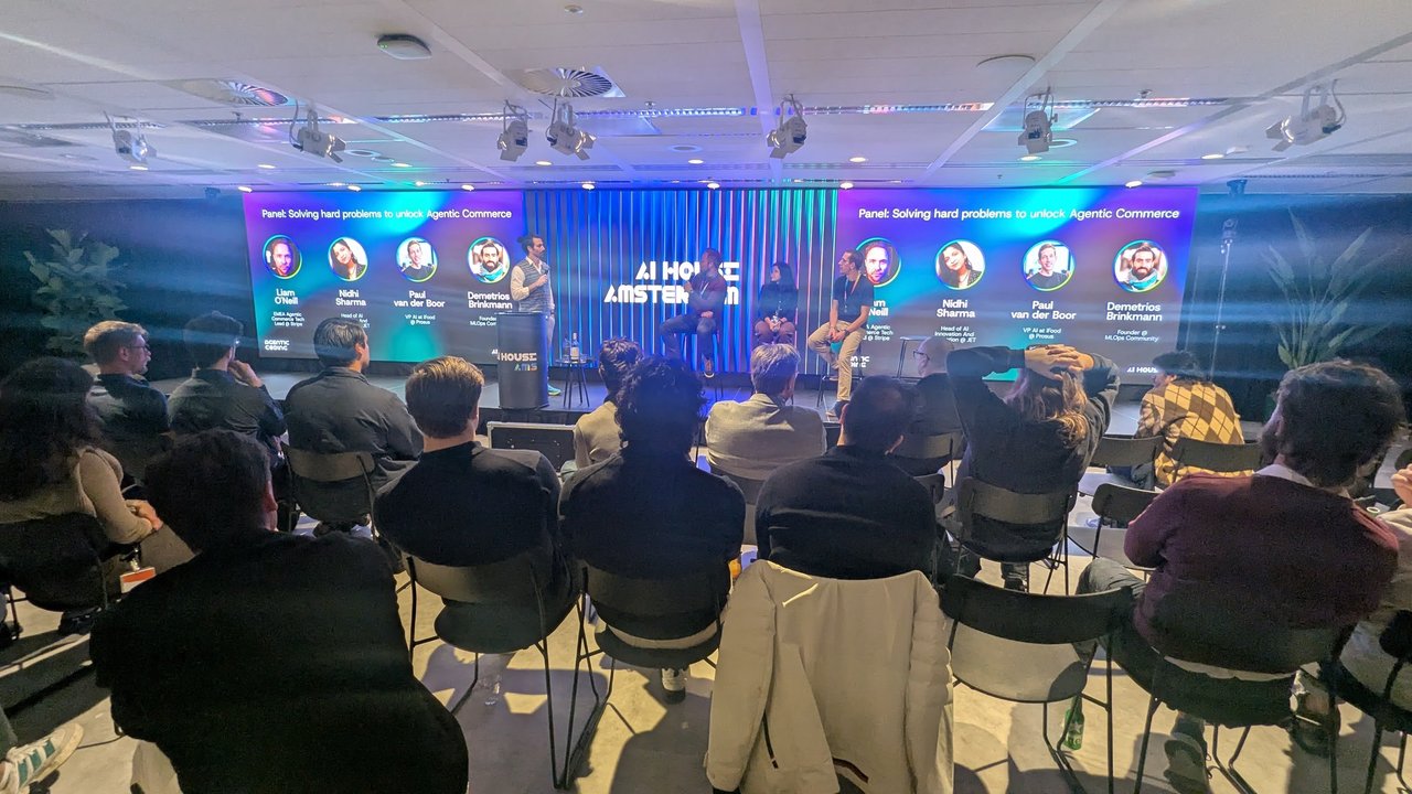 Panel: Solving hard problems to unlock Agentic Commerce on stage at AI House Amsterdam with Stripe, JET, Prosus and MLOps Community speakers