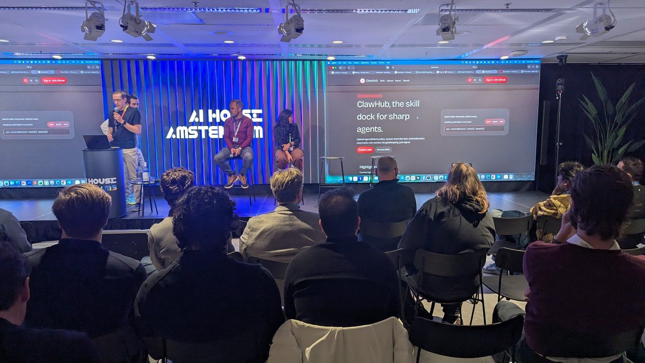 ClawHub, the skill dock for sharp agents, on screen during the final session at AI House Amsterdam