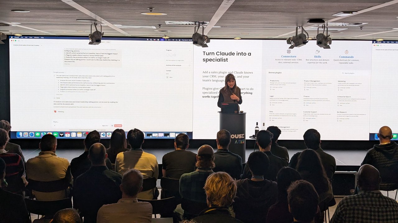 Turn Claude into a specialist slide with connectors, skills and commands next to a live Cowork task analysing sales drivers