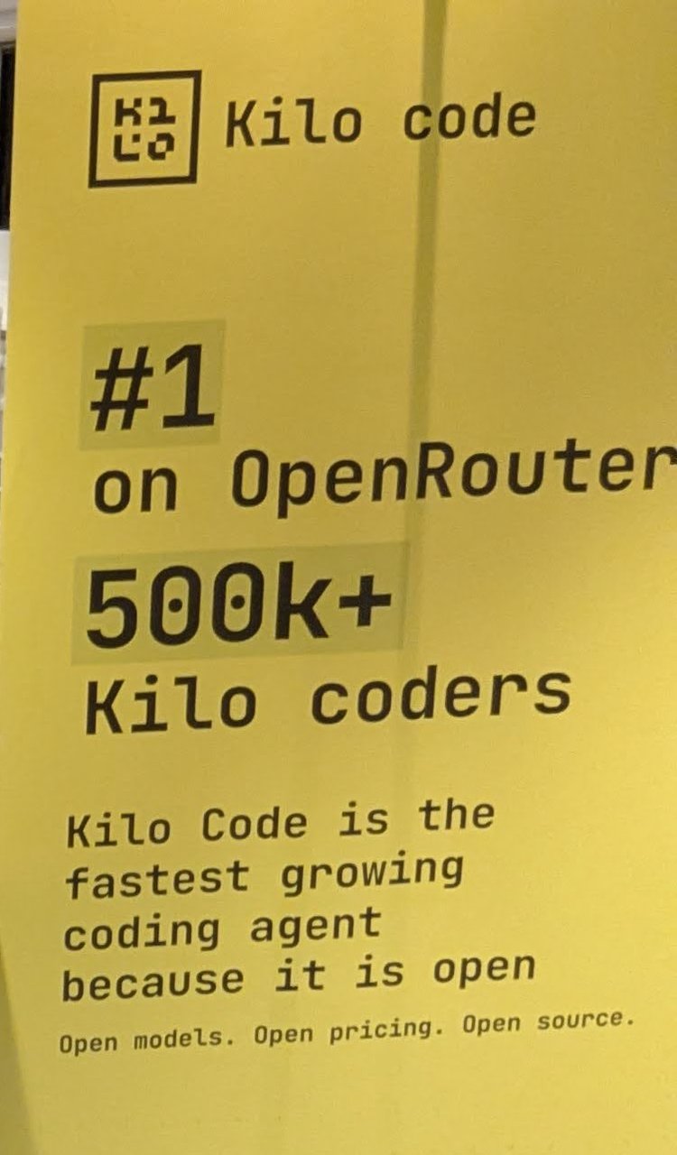 Kilo Code roll-up banner at Agents in Production reading #1 on OpenRouter, 500k+ Kilo coders, Kilo Code is the fastest growing coding agent because it is open, with Open models, Open pricing, Open source underneath
