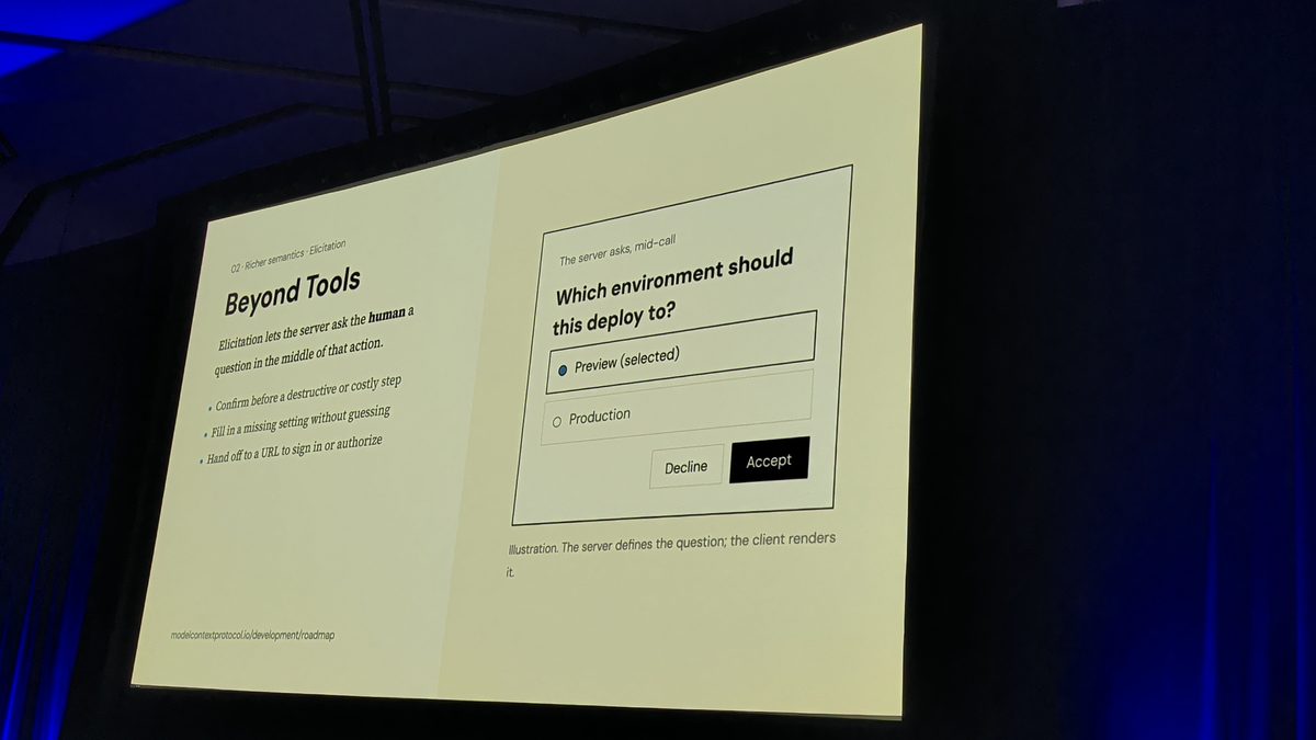 A slide titled Beyond Tools: elicitation lets the server ask the human a question in the middle of an action