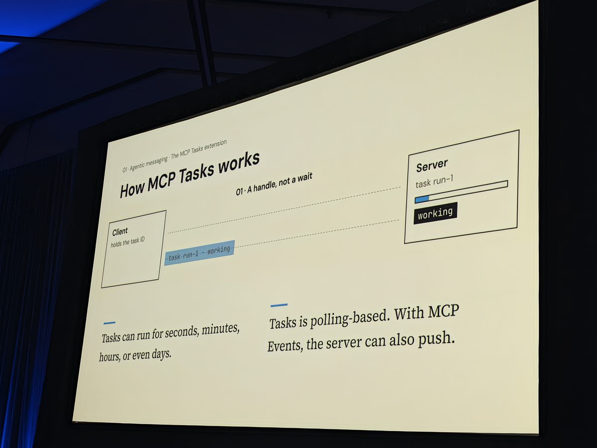 A slide titled How MCP Tasks works: a handle, not a wait