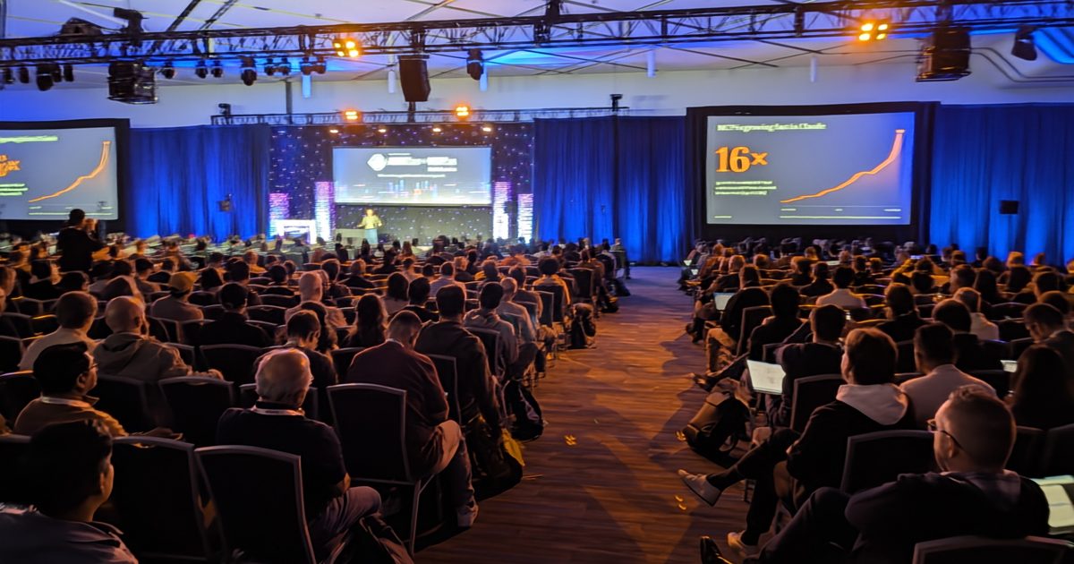 The AGNTCon + MCPCon keynote hall in San Jose, full, with the slide MCP is growing fast in Claude, 16x, on the side screen