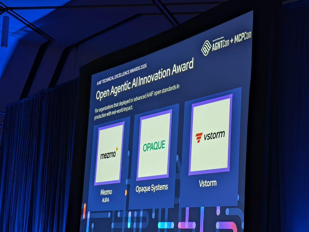 A slide titled Open Agentic AI Innovation Award with the logos of Mezmo AURA, Opaque Systems and Vstorm