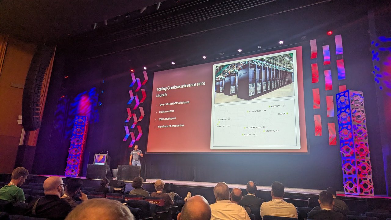 Scaling Cerebras Inference since Launch: over 50 ExaFLOPS deployed, 8 data centers, 100K developers, hundreds of enterprises, with a site map