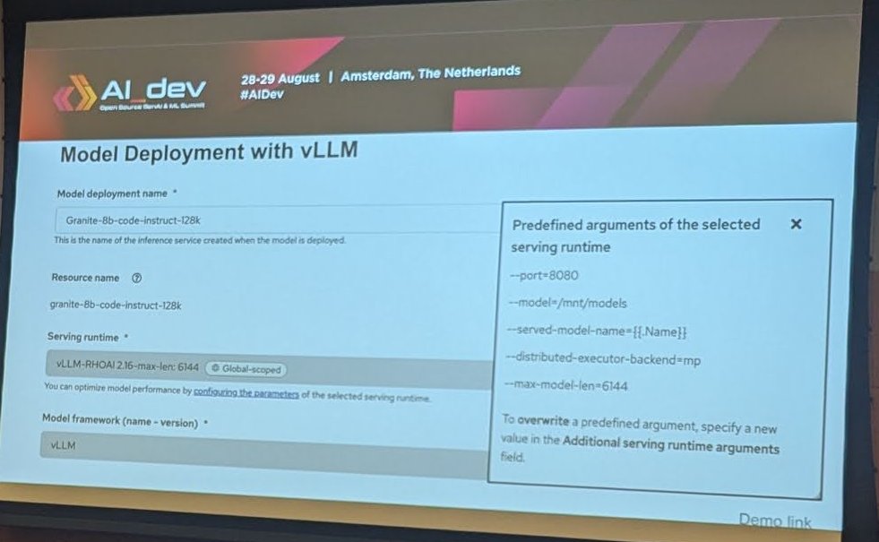 Model Deployment with vLLM screen: Granite-8b-code-instruct-128k with a vLLM serving runtime and its predefined arguments, including max-model-len 6144