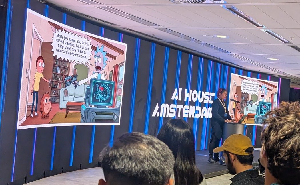 A cartoon slide with Rick and Morty and a glowing monster on a screen, captioned about letting something in without scanning