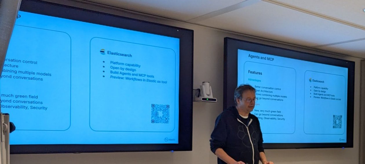 Agents and MCP features slide listing advantages and challenges, with an Elasticsearch column that includes Preview: Workflows in Elastic as tool
