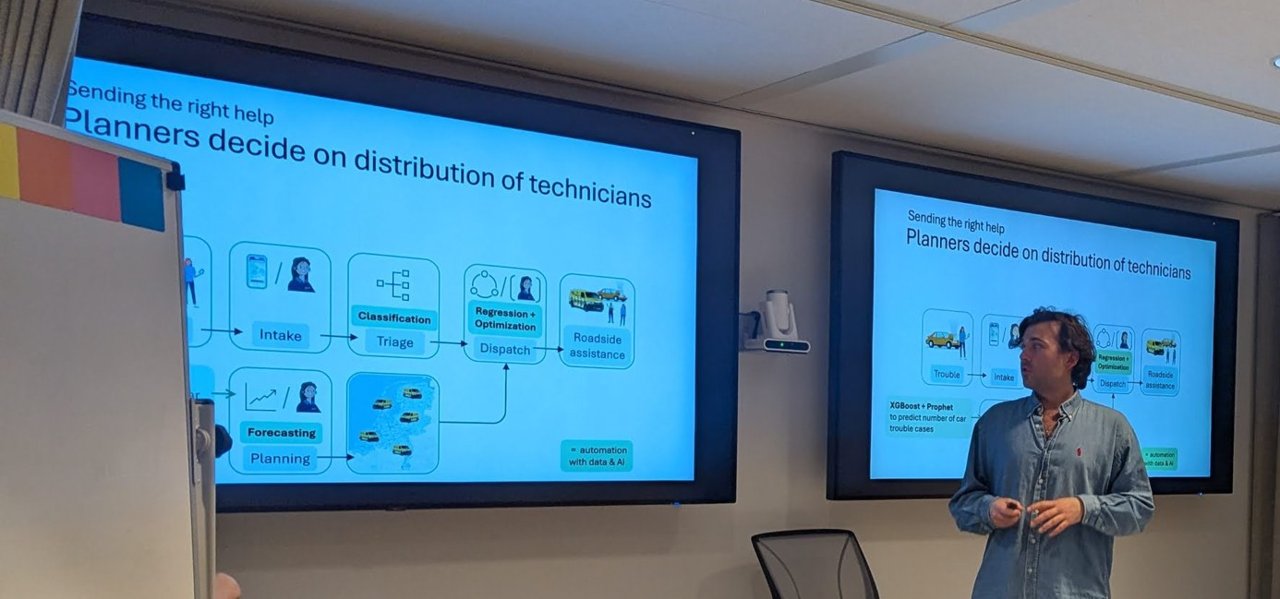 ANWB slide titled Planners decide on distribution of technicians, showing the flow from intake and triage to dispatch and roadside assistance, with a forecasting and planning branch