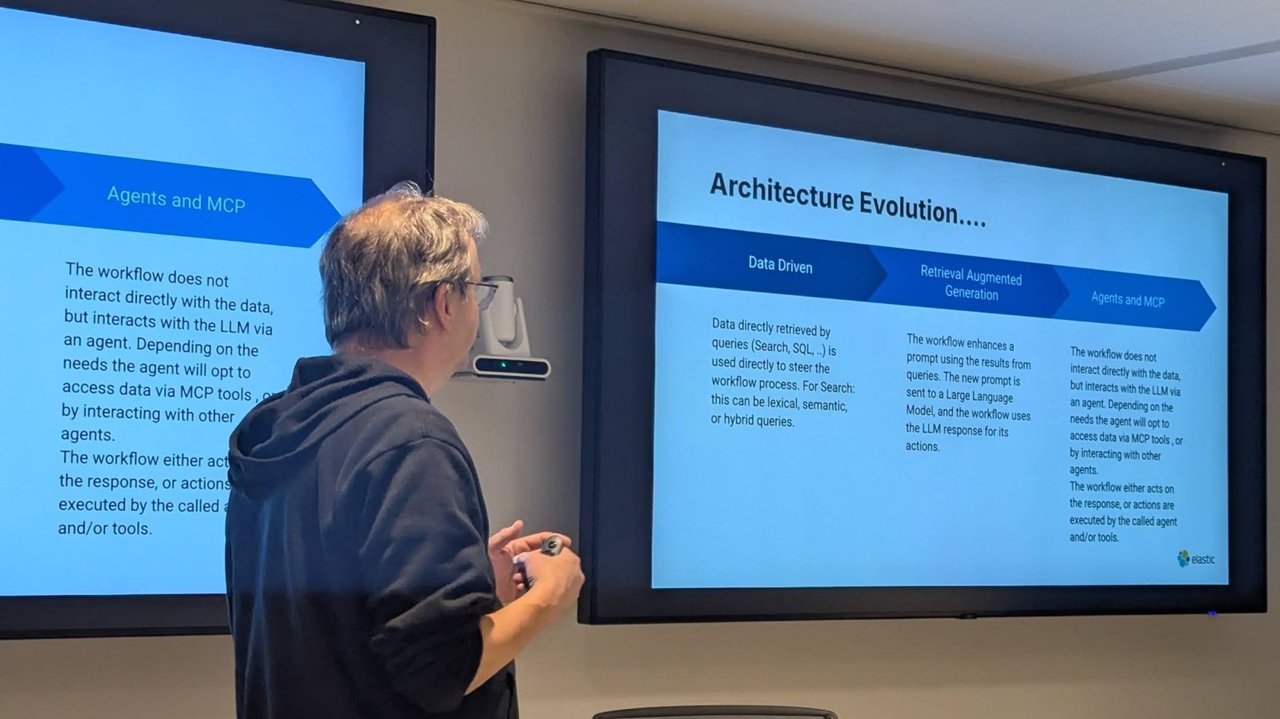 The Architecture Evolution slide with three columns: Data Driven, Retrieval Augmented Generation, and Agents and MCP