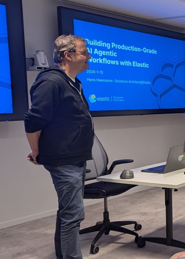 Hans Heerooms beside the title slide Building Production-Grade AI Agentic Workflows with Elastic, dated 2026-1-15, with his name and role as Solutions Architect at Elastic