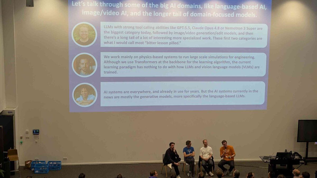Panel discussion slide — each panelist's perspective on AI domains