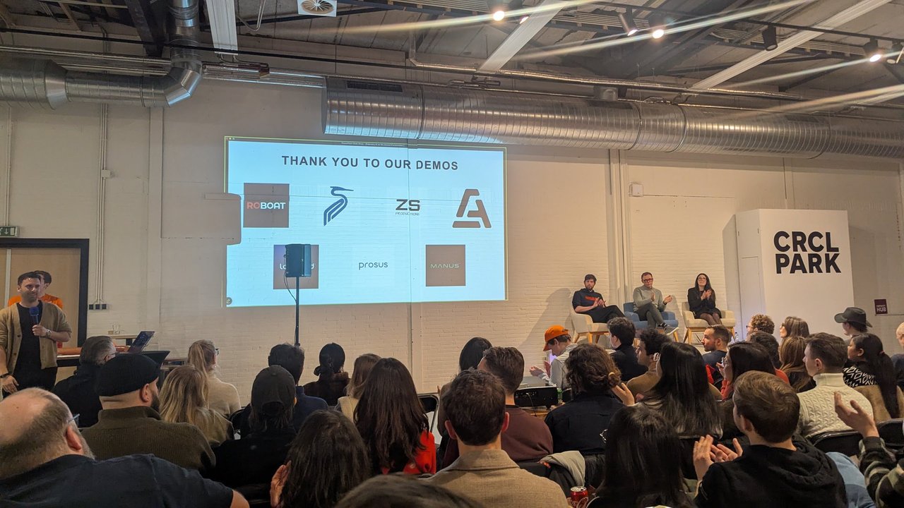 Thank you to our demos slide at the AI on the Amstel robotics meetup with logos including Roboat, Prosus and Manus