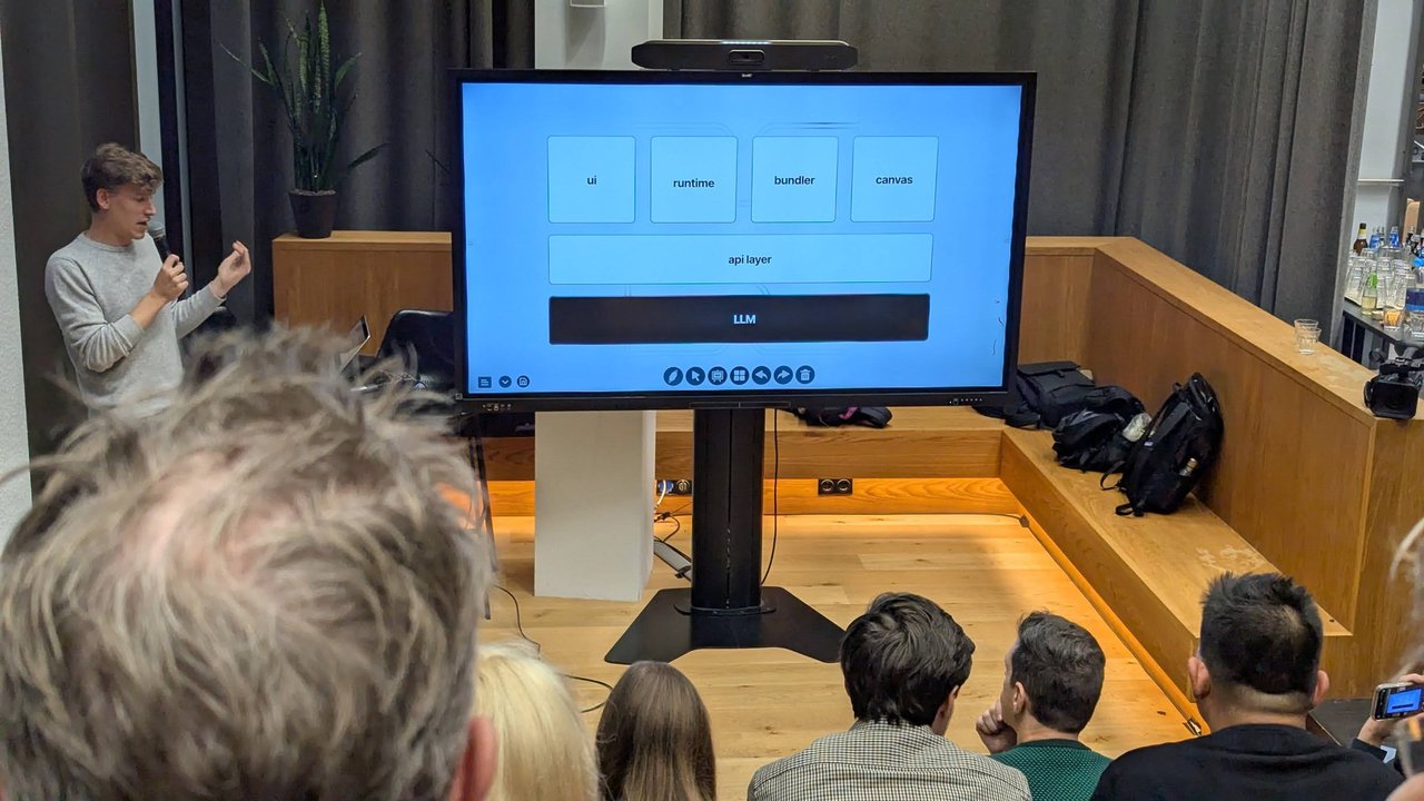 Thijs Verreck explaining the architecture of an AI-native React compiler: ui, runtime, bundler and canvas over an api layer over an LLM