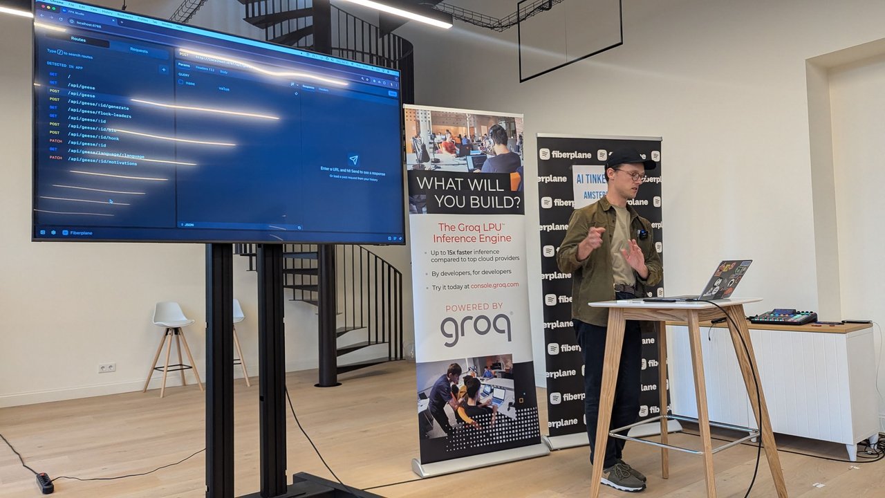 Laurynas Keturakis presenting Fiberplane's local studio with the detected geese API routes listed on screen, next to Groq and Fiberplane banners