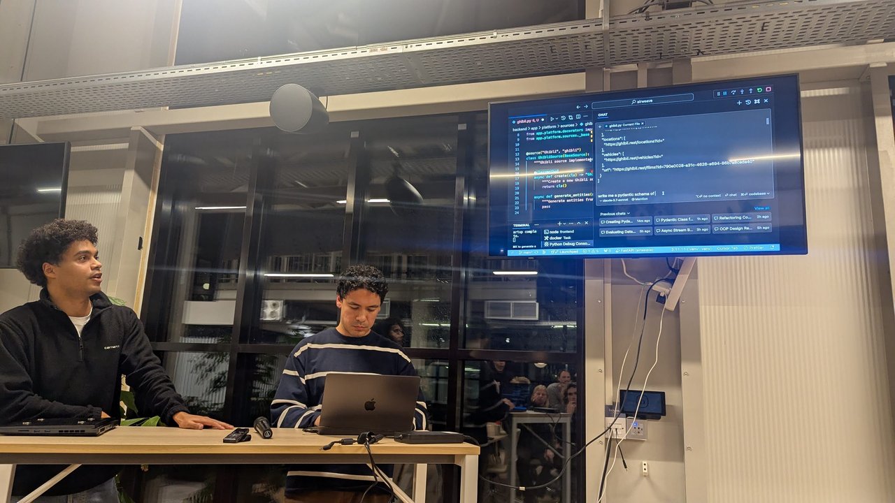Live coding an Airweave Ghibli source connector in Cursor, with a JSON sample in the chat pane and a request for a pydantic schema