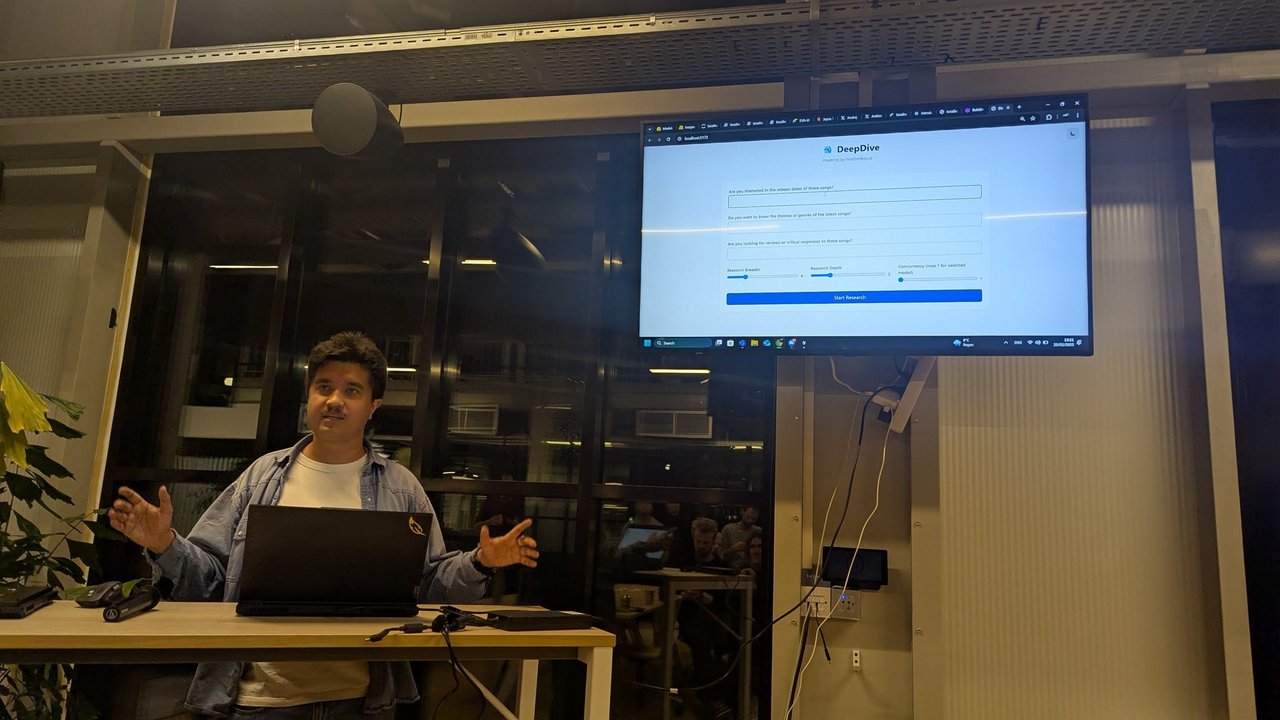 Darin Verheijke demoing DeepDive, a research assistant powered by Featherless.ai, with clarifying questions and breadth and depth sliders on screen