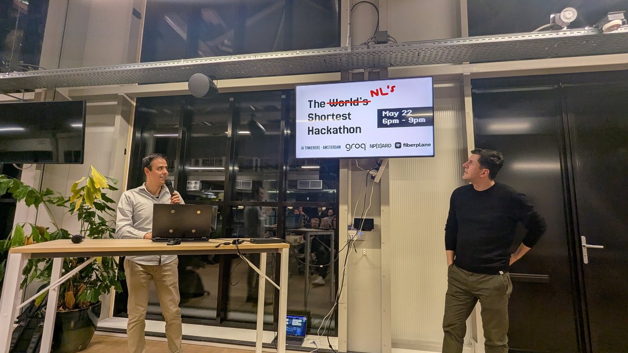 The NL's Shortest Hackathon announcement slide for 22 May, 6pm to 9pm, from AI Tinkerers Amsterdam