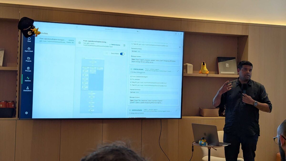 Solace Activities view — full event trace with topic paths and timestamps