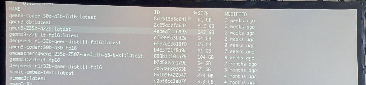 A terminal listing of local Ollama models projected on screen, including qwen3-coder 30B, qwen3 235B, gemma3 27B, a deepseek-r1 32B Qwen distill and nomic-embed-text, with sizes from 274 MB to 142 GB