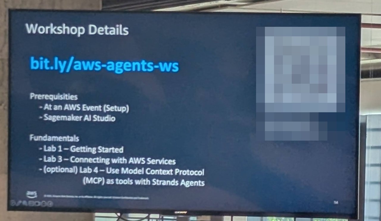 The Workshop Details slide: bit.ly/aws-agents-ws, prerequisites At an AWS Event and SageMaker AI Studio, and labs on getting started, connecting with AWS services and using MCP as tools with Strands Agents, with the QR code and access code pixelated