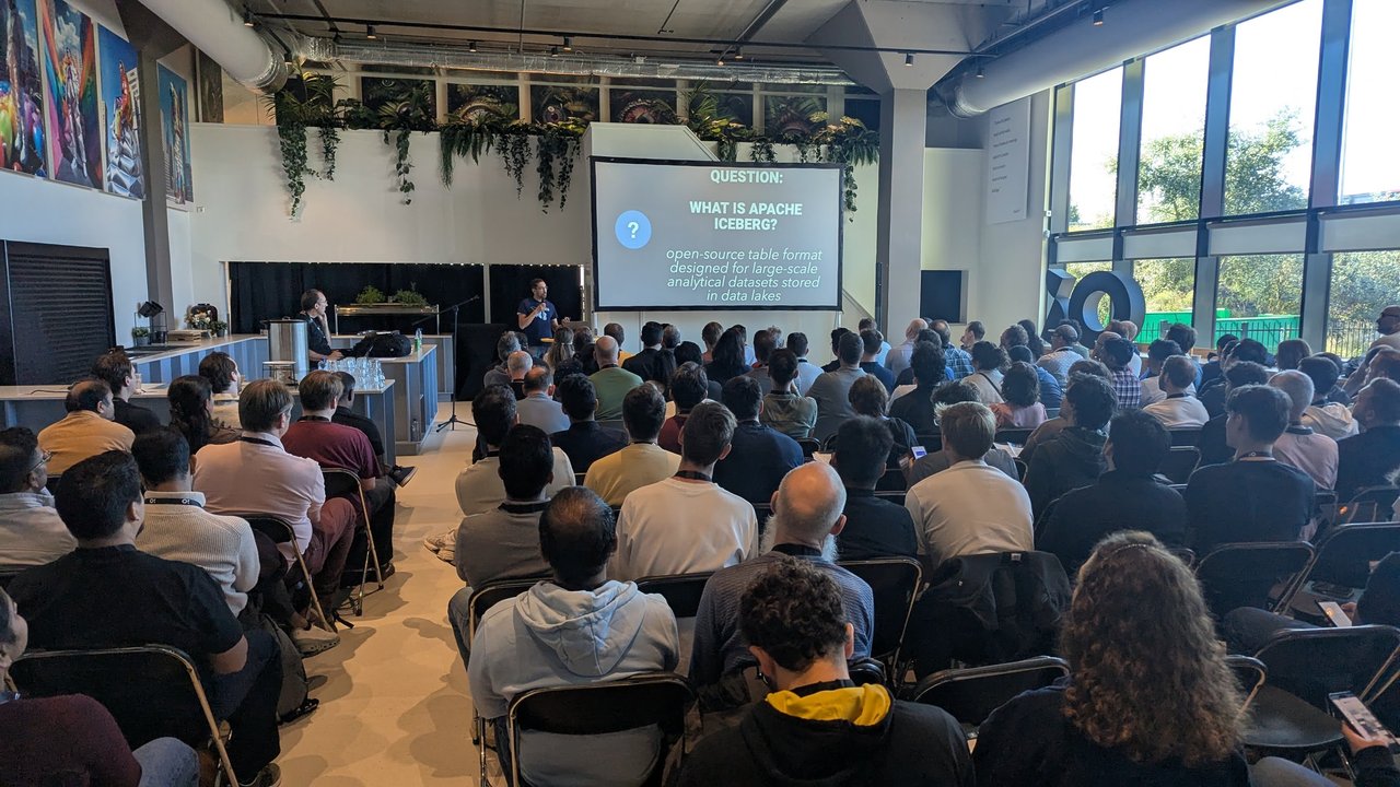 The slide Question: what is Apache Iceberg? Open-source table format designed for large-scale analytical datasets stored in data lakes