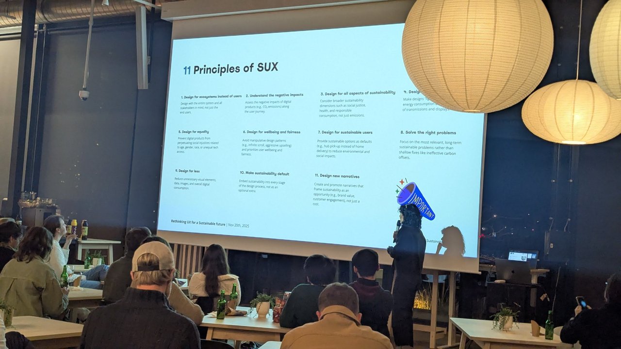 The slide 11 Principles of SUX at the GSF and Sustainable IT Netherlands meetup, from design for ecosystems instead of users to design new narratives