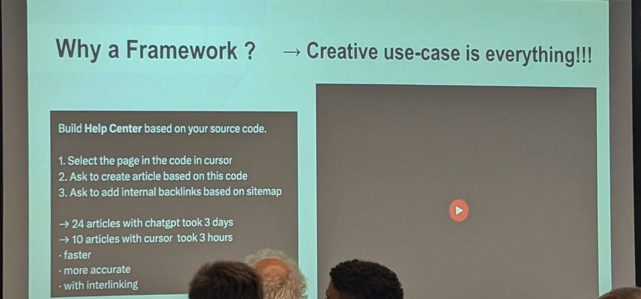 Cloutive slide "Why a Framework? Creative use-case is everything!!!" describing building a help centre from source code with Cursor